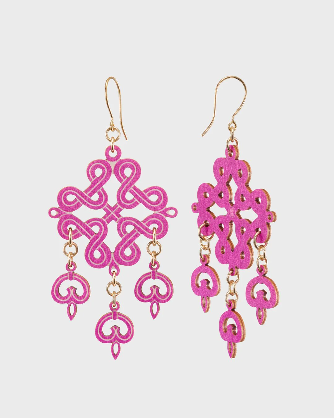 Karelian Plaited Ribbon Motif Plywood Earrings Pink - Image 3